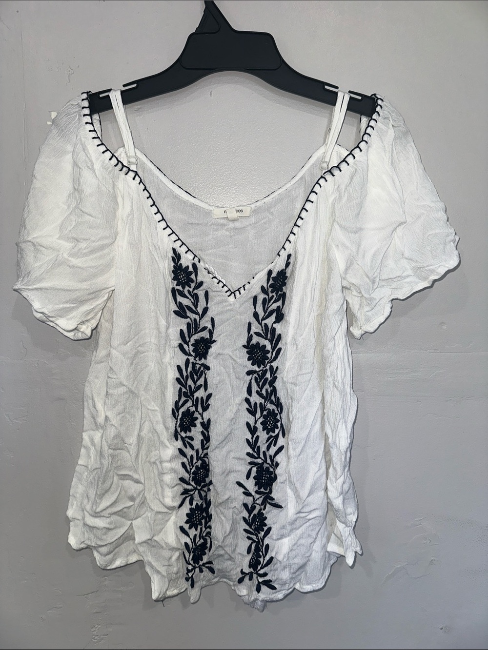 Maurices White V-Neck Top with Navy Floral Embroidery
